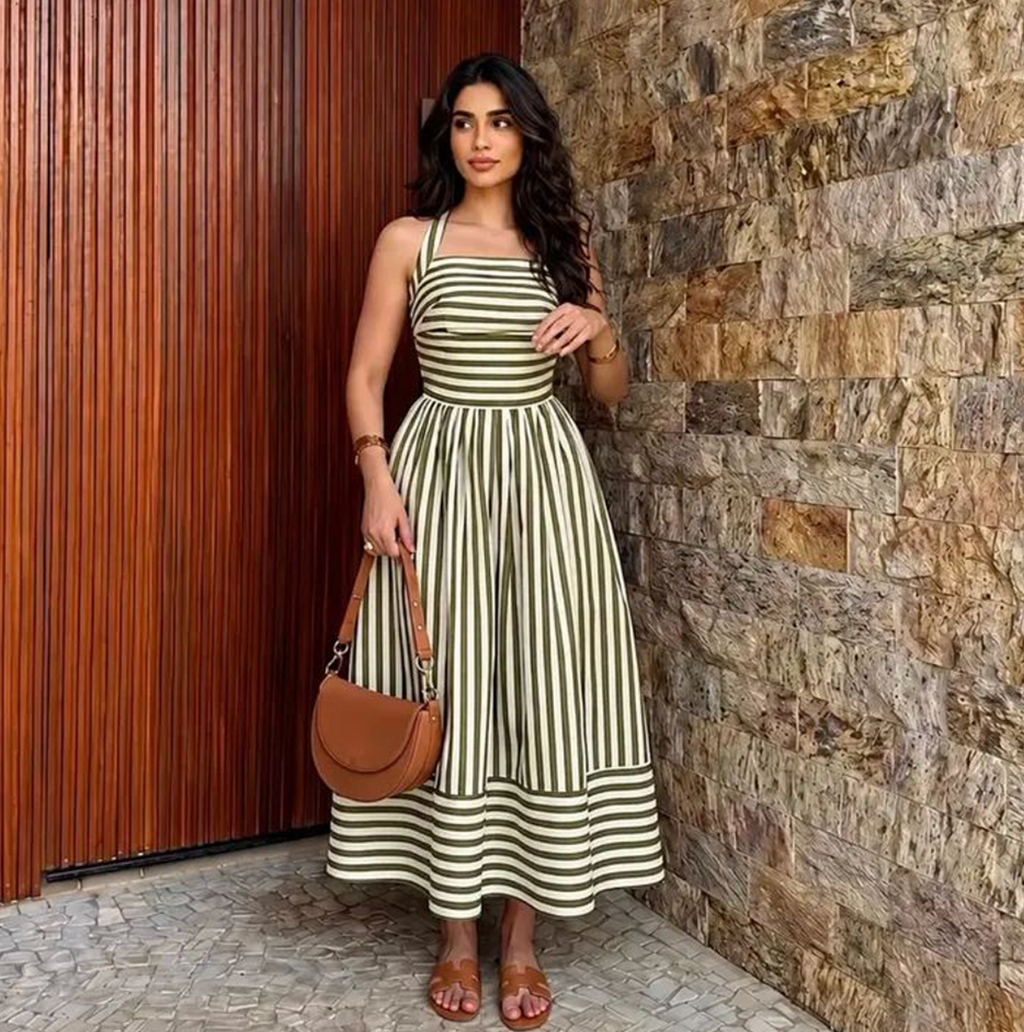 Striped Halter Neck Midi Dress