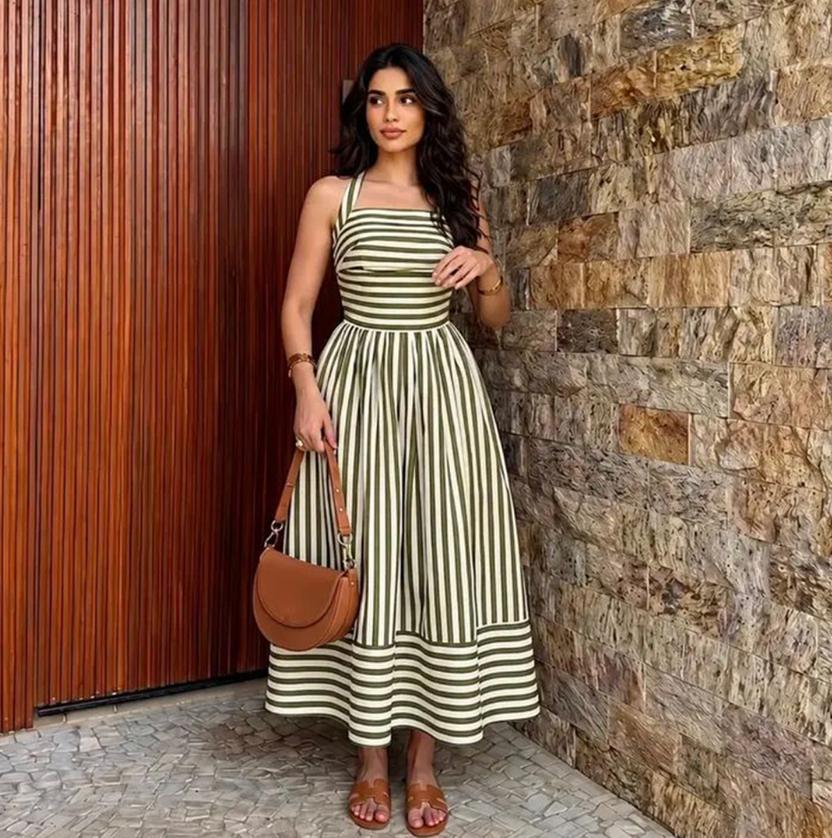 Striped Halter Neck Midi Dress