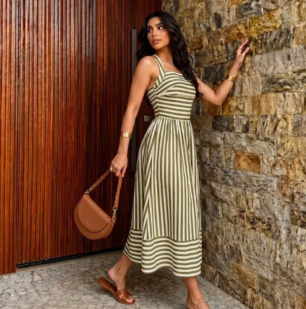 Striped Halter Neck Midi Dress
