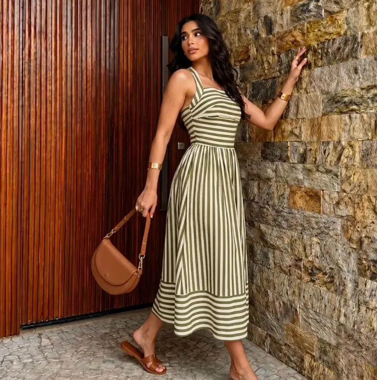 Striped Halter Neck Midi Dress