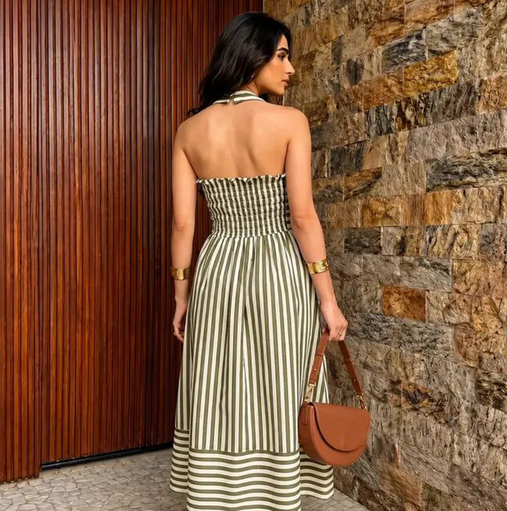 Striped Halter Neck Midi Dress