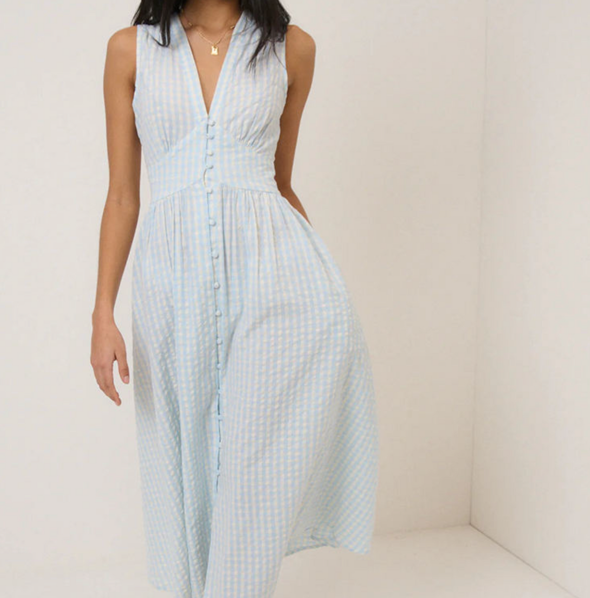 Women's Light Blue Panelled Waist Sleeveless Dress