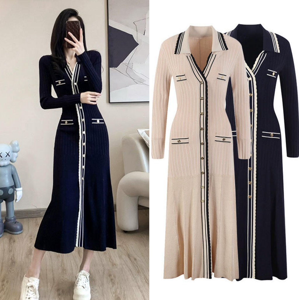 Women's Knitted Lapel Button Midi Dress