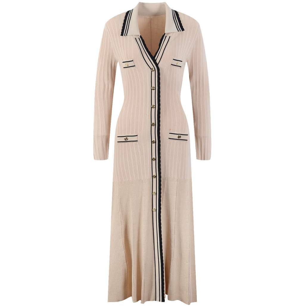 Women's Knitted Lapel Button Midi Dress