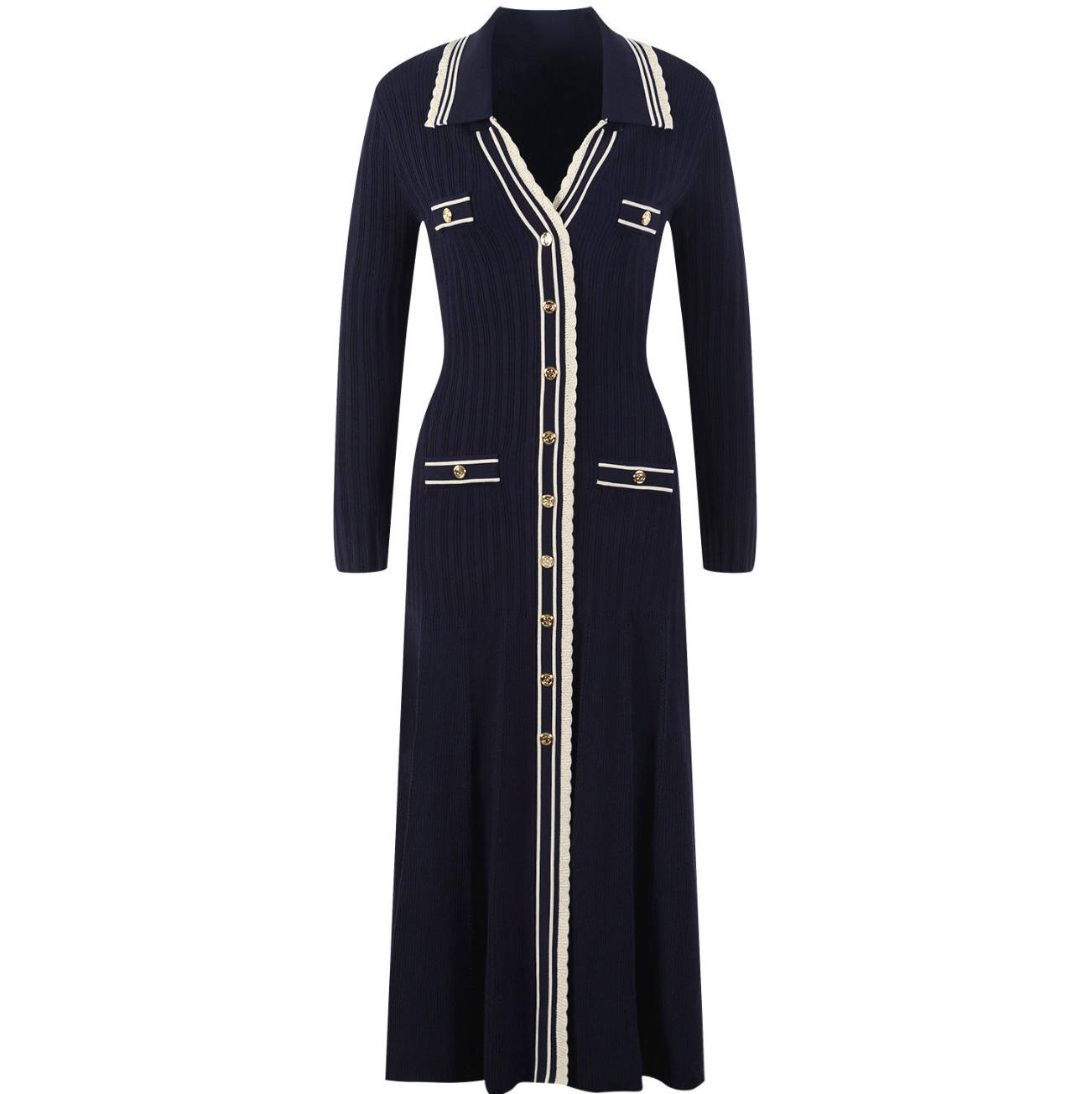 Women's Knitted Lapel Button Midi Dress